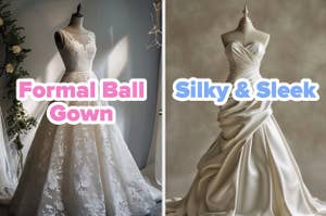 Two mannequins display wedding dresses, left labeled 'Formal Ball Gown' and right, 'Silky & Sleek'
