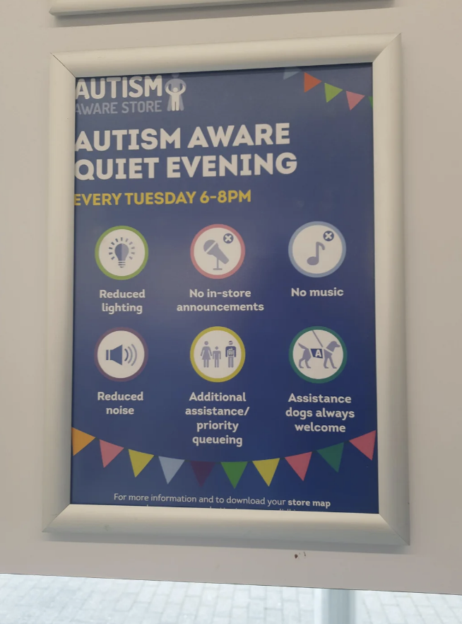 Autism Aware Quiet Evening announcement poster with event details and accessibility symbols