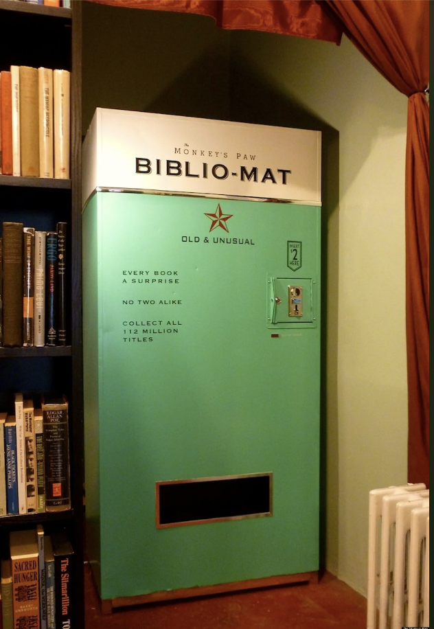 Vintage book vending machine, the Biblio-Mat, offers random old and unusual books for surprise literary discoveries at a bookstore