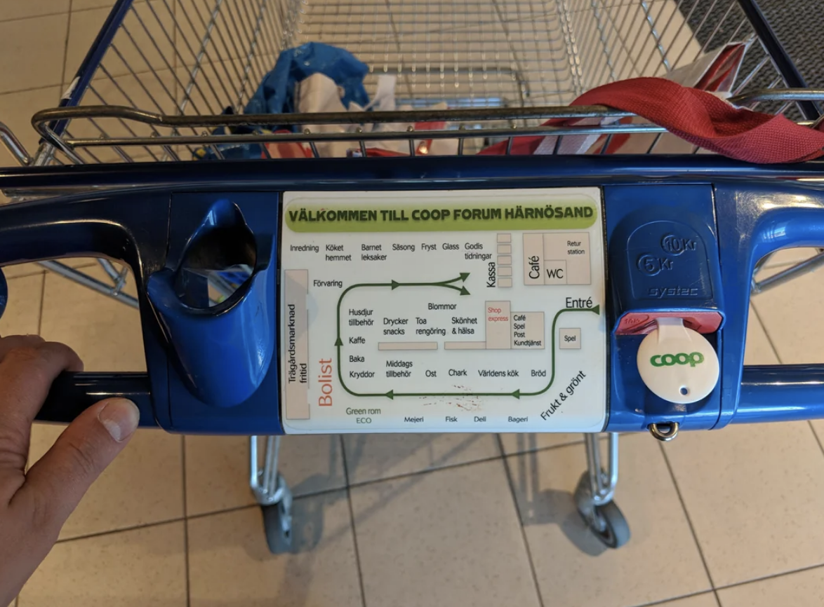 Shopping cart handle with a map of Coop Forum store&#x27;s layout and various sections labeled in Swedish