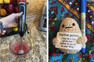 Person using an immersion blender; plush potato with motivational note