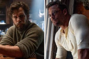 Two side-by-side stills of actor Jamie Dornan, one in a sweater in dim light, the other in a white T-shirt by a window