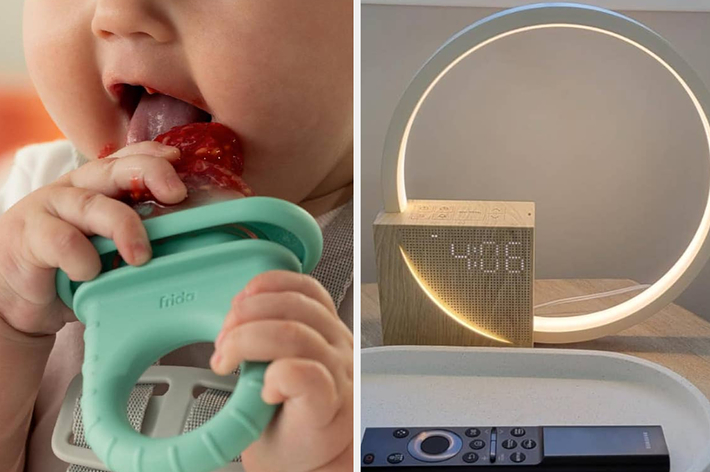 a baby using a push up ring to eat solid foods / a ring design alarm clock