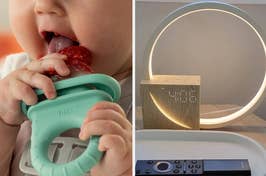 a baby using a push up ring to eat solid foods / a ring design alarm clock