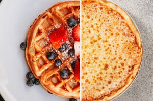 Top view of a waffle with berries next to a cheese pizza, divided down the middle