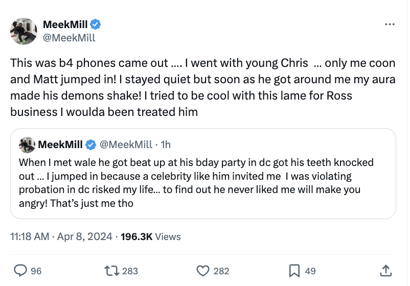 Tweet by MeekMill discussing a surprising encounter with another individual and expressing frustration over the situation