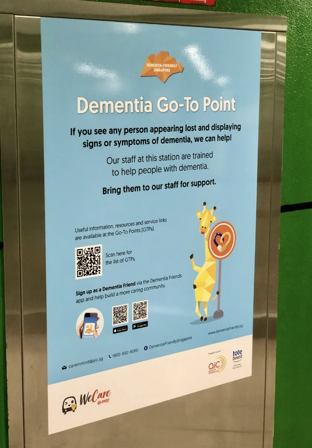Information poster about assisting people with dementia, featuring a giraffe character, QR code, and text with helpful tips