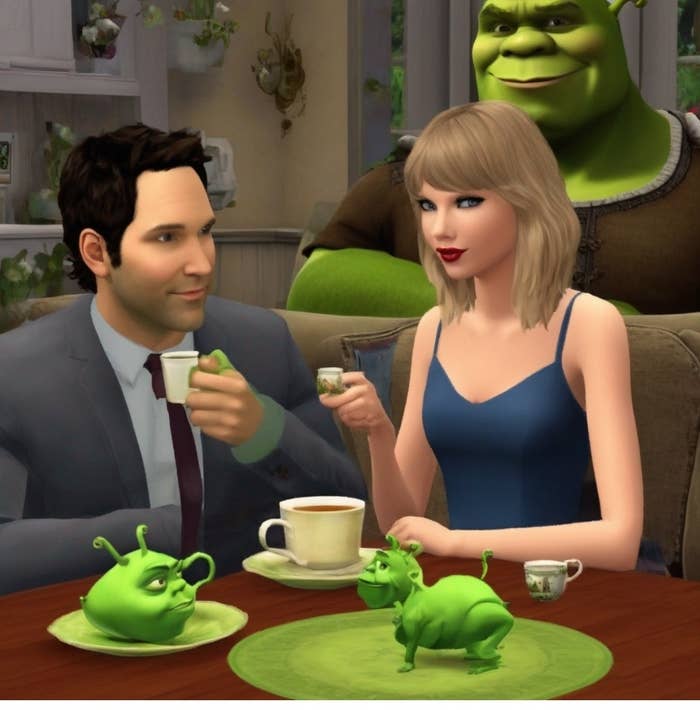 Animated characters at a table; a man in a suit, a woman in a blue dress, and creatures resembling Shrek