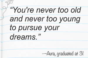 Inspirational quote on notebook paper: "You're never too old and never too young to pursue your dreams." -Aura, graduated at 31