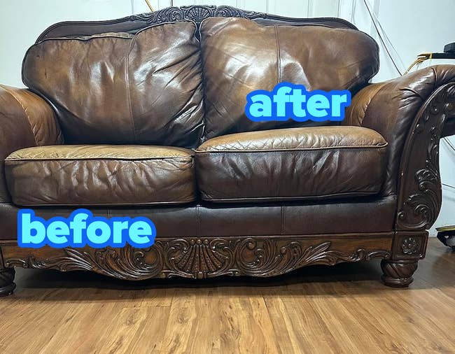 a reviewer photo of a love seat with one sagging cushion labeled 
