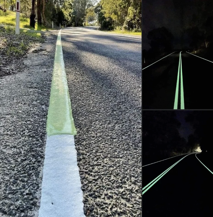 Glow in the dark road markings illuminated at night for enhanced visibility and safety