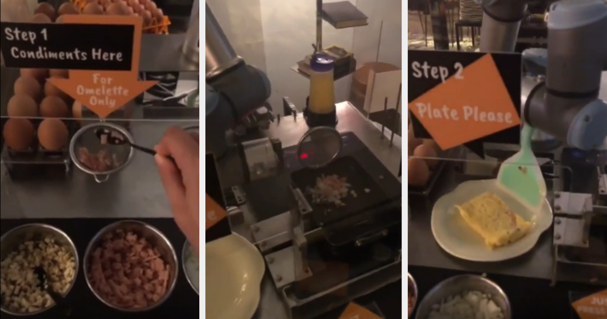 Step-by-step process at an omelette station with ingredients and cooking equipment