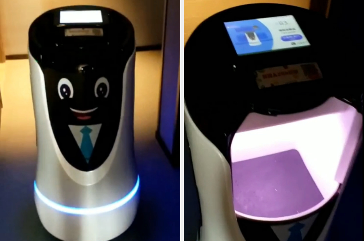 Friendly robot trash can with a screen and tie graphic smiling