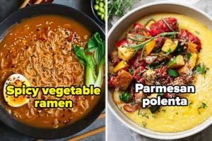 a side by side image of spicy veggie ramen and parmesan polenta