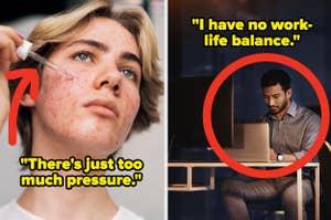 Split image: Left, person with skin treatment; right, man at laptop with quote about work-life imbalance