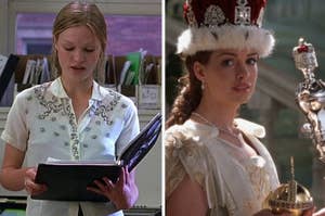 Split image of two characters, left in a blouse at work, right in a prom queen outfit with crown