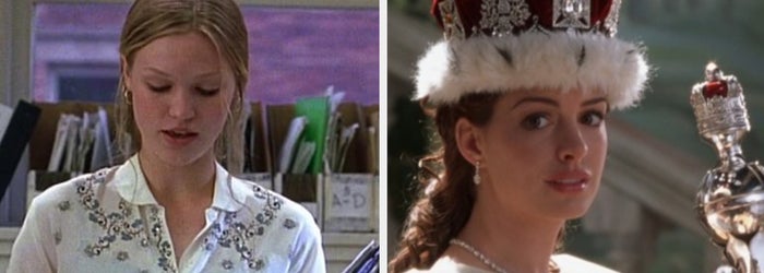 Split image of two characters, left in a blouse at work, right in a prom queen outfit with crown