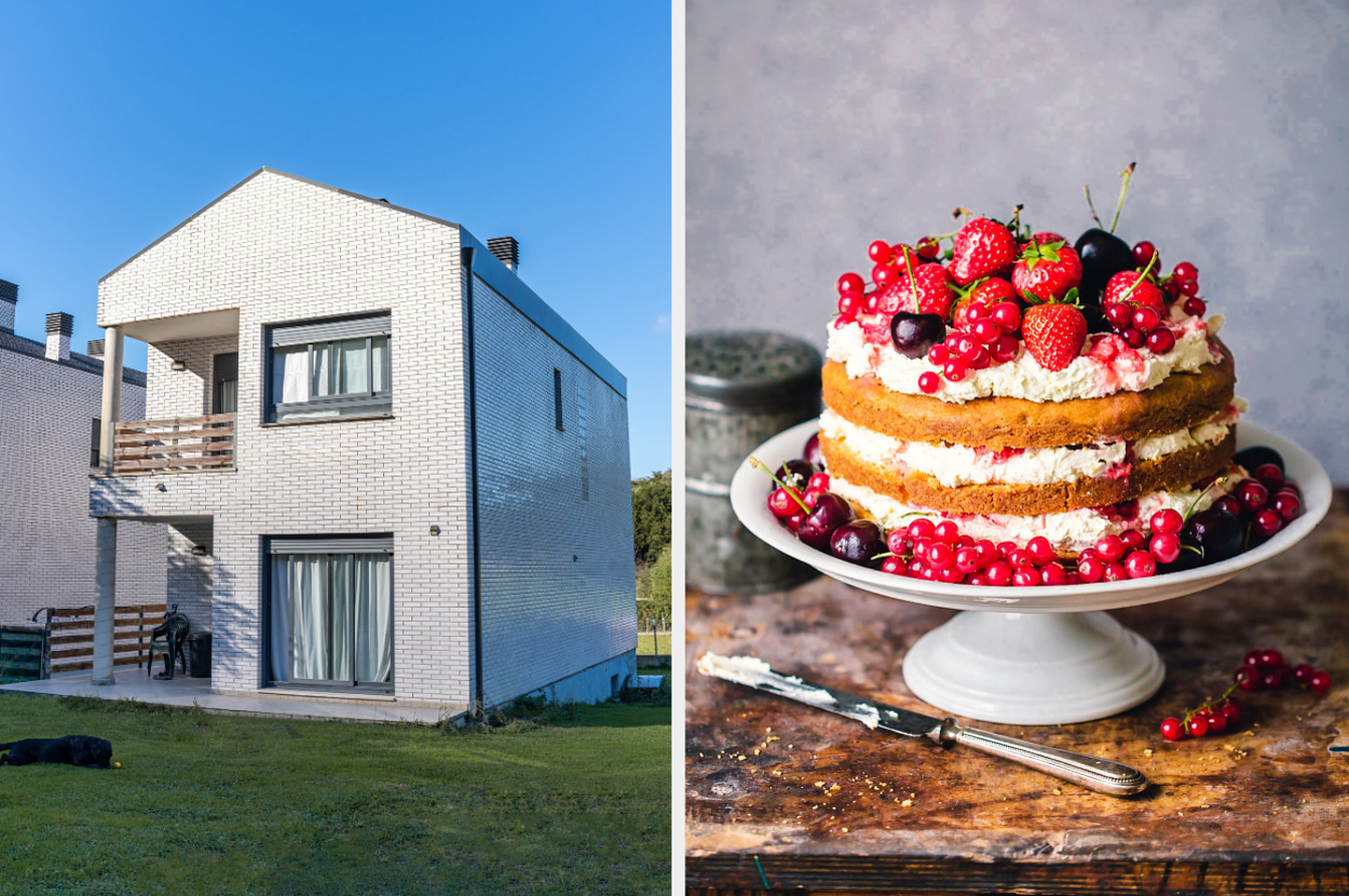 Left: Modern two-story house with a lawn. Right: A cake topped with berries and cream on a stand