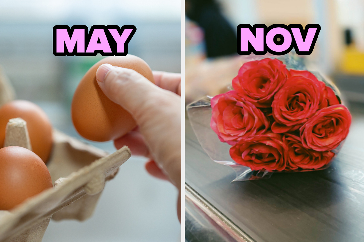 Hand holding egg near carton and bouquet of roses on counter signify months May and November