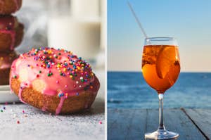 A split image with a frosted donut on the left and an Aperol Spritz on the right, both against outdoor backdrops