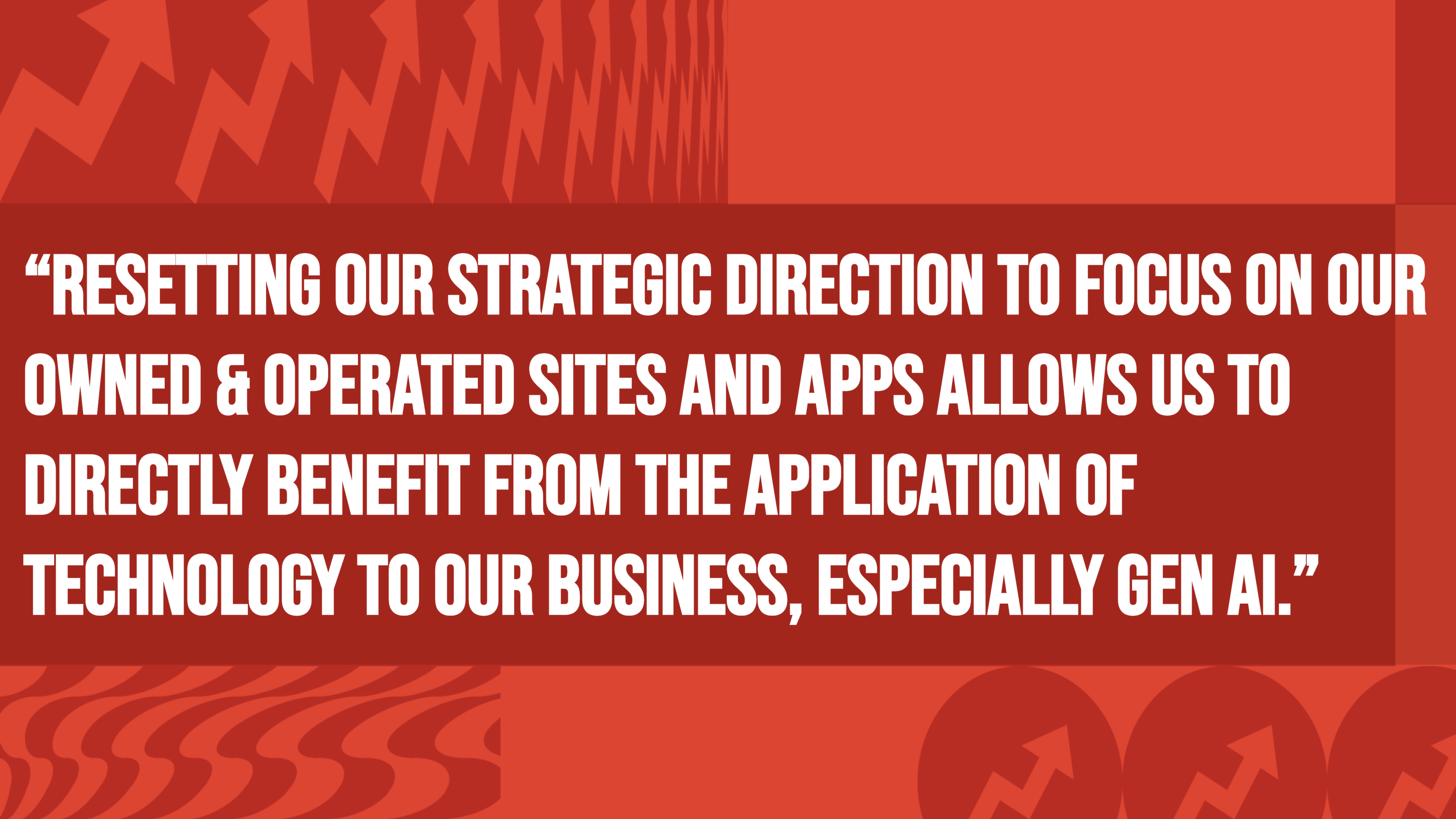 Image with text: Quote about refocusing strategic direction on owned sites and apps to utilize technology and GEN AI for business benefit