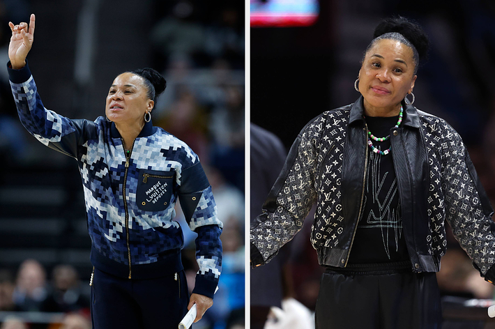 Dawn Staley in different sideline outfits: left, camo-patterned jacket; right, black jacket with geometric designs