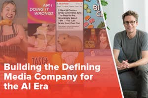 Collage of various media content and a man sitting, representing a media company in the AI era