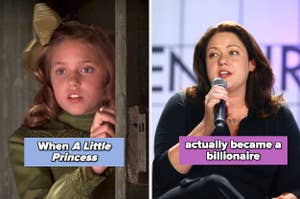 Split image of a child actress in a movie scene and the same person as an adult speaking into a microphone
