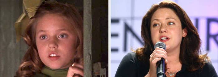 Split image of a child actress in a movie scene and the same person as an adult speaking into a microphone