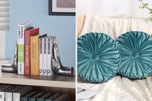 Two home decor items: bookends shaped like hands on a shelf, and round, pleated teal cushions on a bed