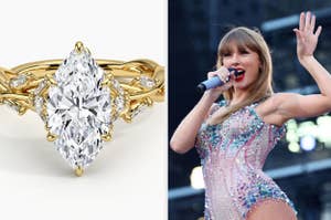 A diamond ring next to Taylor Swift singing on stage wearing a sparkling outfit