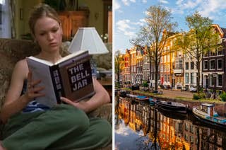 Split image: Left - Julia Stiles reading 'The Bell Jar'; Right - Canal with boats, buildings in Amsterdam