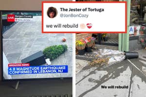 TV screen showing news of 4.8 earthquake in Lebanon and tweet "we will rebuild" with emoji. Flowers on ground depict impact