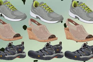 Collage of various shoes including sneakers, sandals, and sports shoes on a patterned background