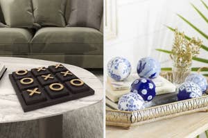 Wooden Tic-Tac-Toe game on table; blue-and-white decorative spheres on books with a vase on a tray