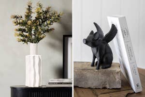 Two decorative pieces: a plant in a textured white vase and a figurine of a pig with wings next to books
