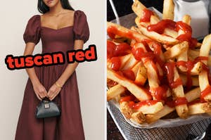 On the left, someone wearing a dress with puff sleeves labeled tuscan red, and on the right, some fries topped with ketchup