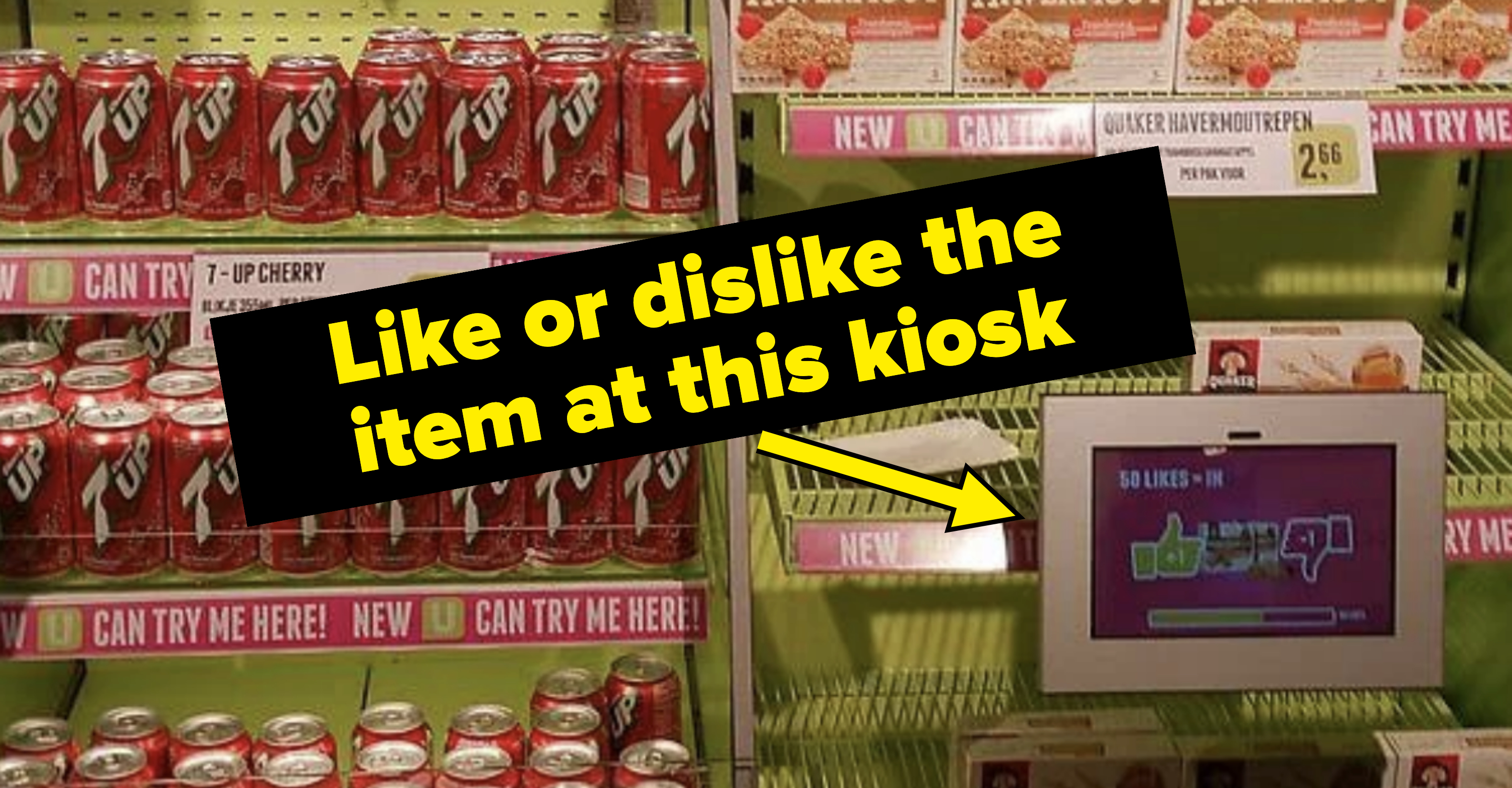 Shelves stocked with 7-UP Cherry cans and promotional display with screen showing social media &#x27;likes&#x27;