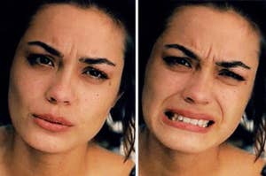 A woman showing a progression from sadness to crying