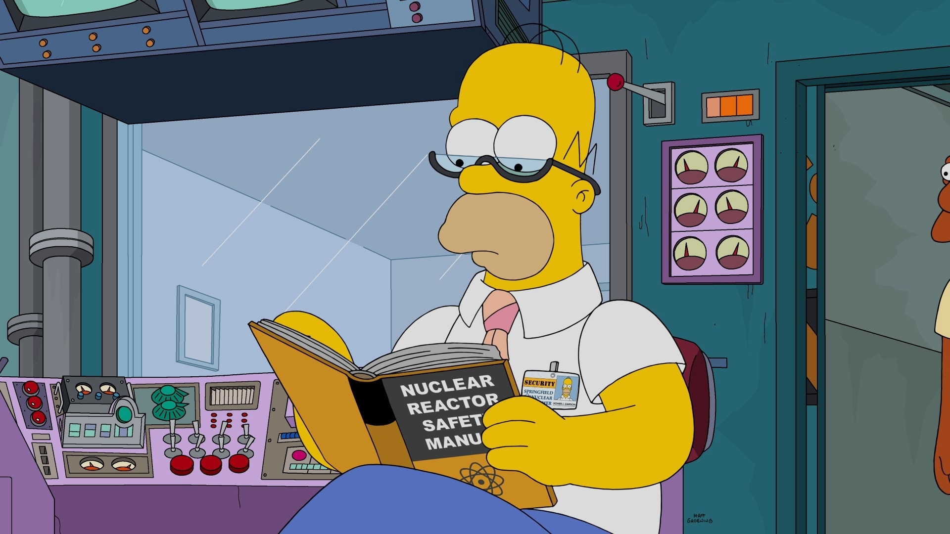 Homer Simpson reading &quot;Nuclear Reactor Safety Manual&quot; at work in the animated show &quot;The Simpsons&quot;