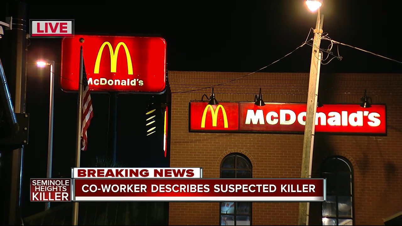 McDonald&#x27;s storefront at night with &quot;BREAKING NEWS&quot; overlay and caption &quot;CO-WORKER DESCRIBES SUSPECTED KILLER.&quot;