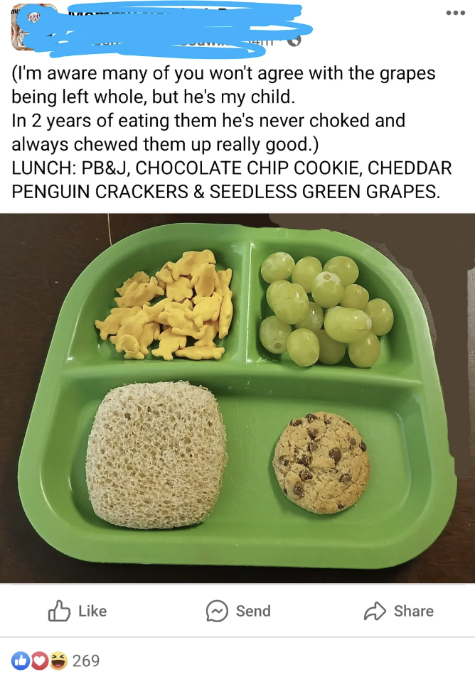 Parent&#x27;s post of a child&#x27;s lunch tray with peanut butter and jelly sandwich, crackers, grapes, and a cookie