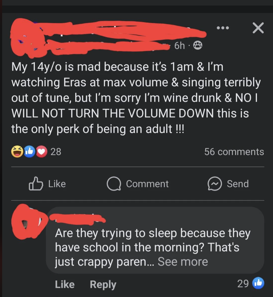 Social media screenshot with obscured text, showing a user&#x27;s complaint about their child being mad at their loud music and their own state of inebriation