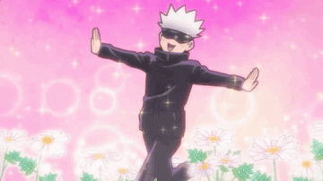Personaje animado Gojo Satoru de &quot;Jujutsu Kaisen&quot; bailando con traje negro entre flores