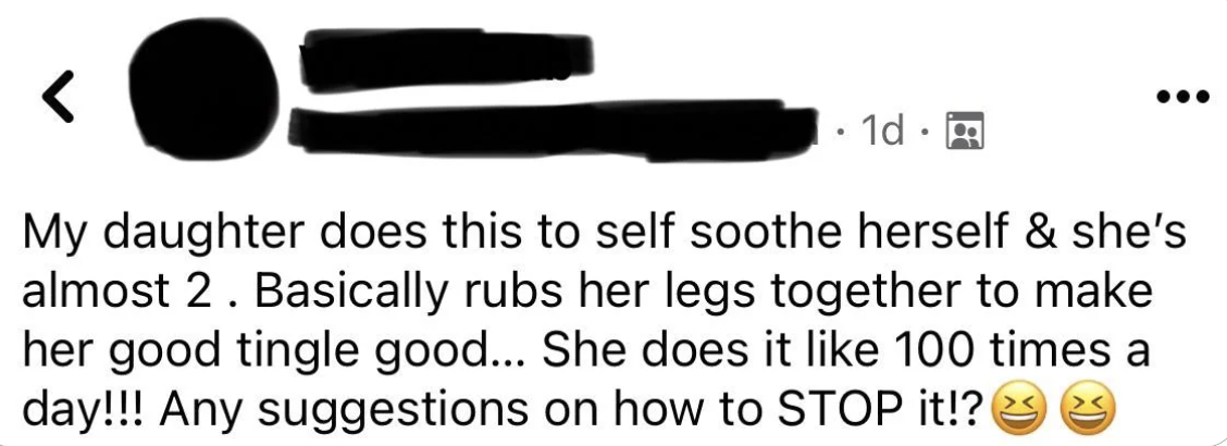 Text post discussing a child&#x27;s self-soothing behavior by rubbing legs together, seeking advice to stop it