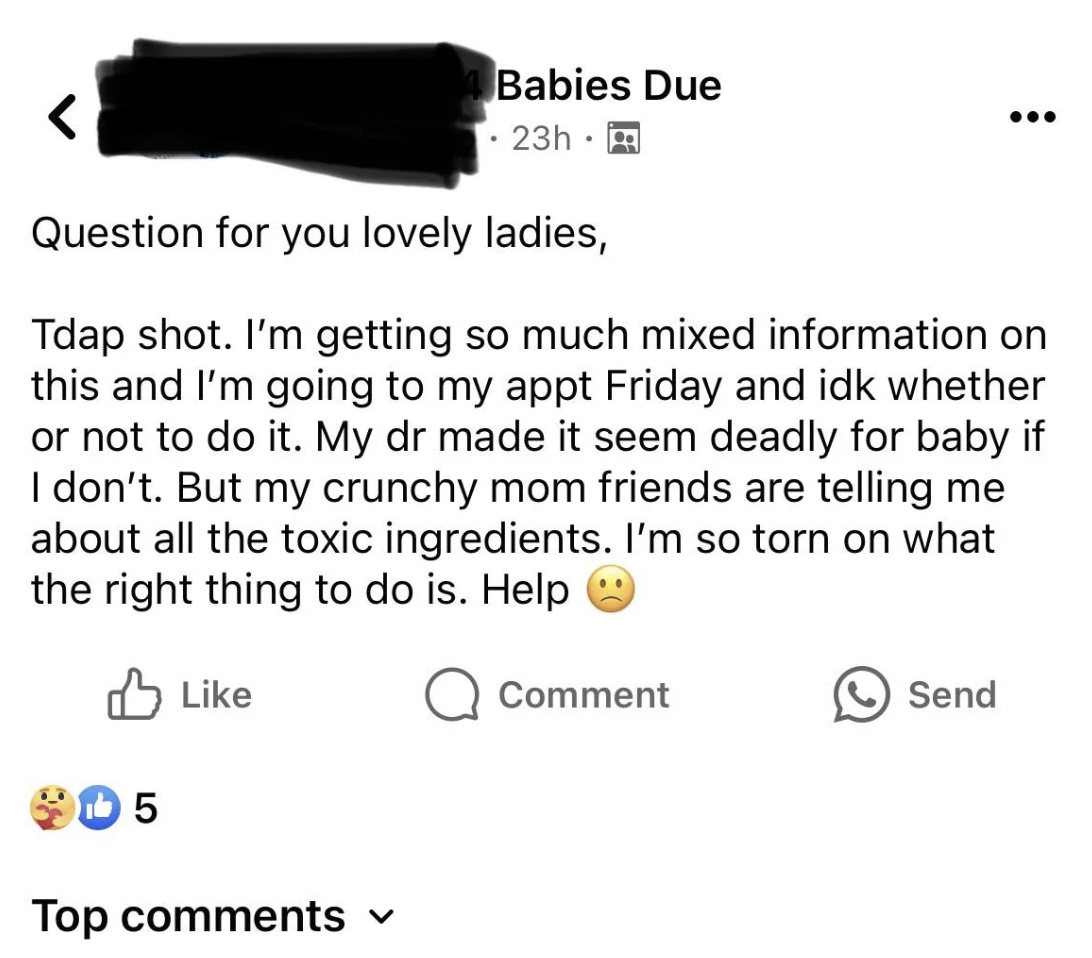 Screenshot of a social media post asking for advice on a baby product with mixed feedback due to potential toxic ingredients
