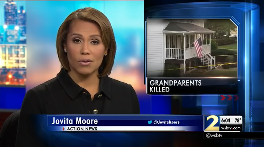 News anchor reporting on a story titled &quot;GRANDPARENTS KILLED&quot; with inset image of a house displaying two American flags