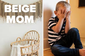 Text "BEIGE MOM" with macramé wall decor and a child sitting, covering face with hands
