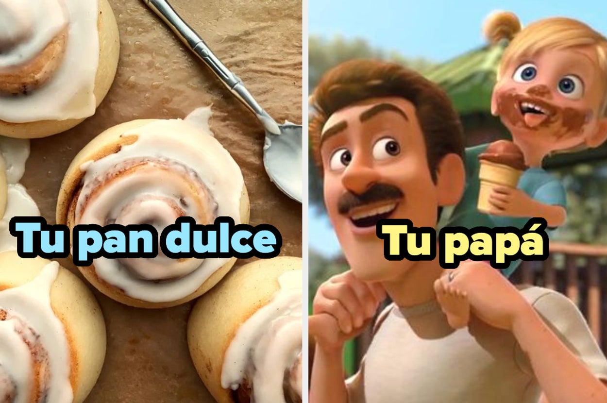 Rollos de canela y personajes animados (padre e hijo) comparando dulces con familia