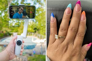 Person taking a selfie with a stabilizer; another image shows a hand with multicolored manicure